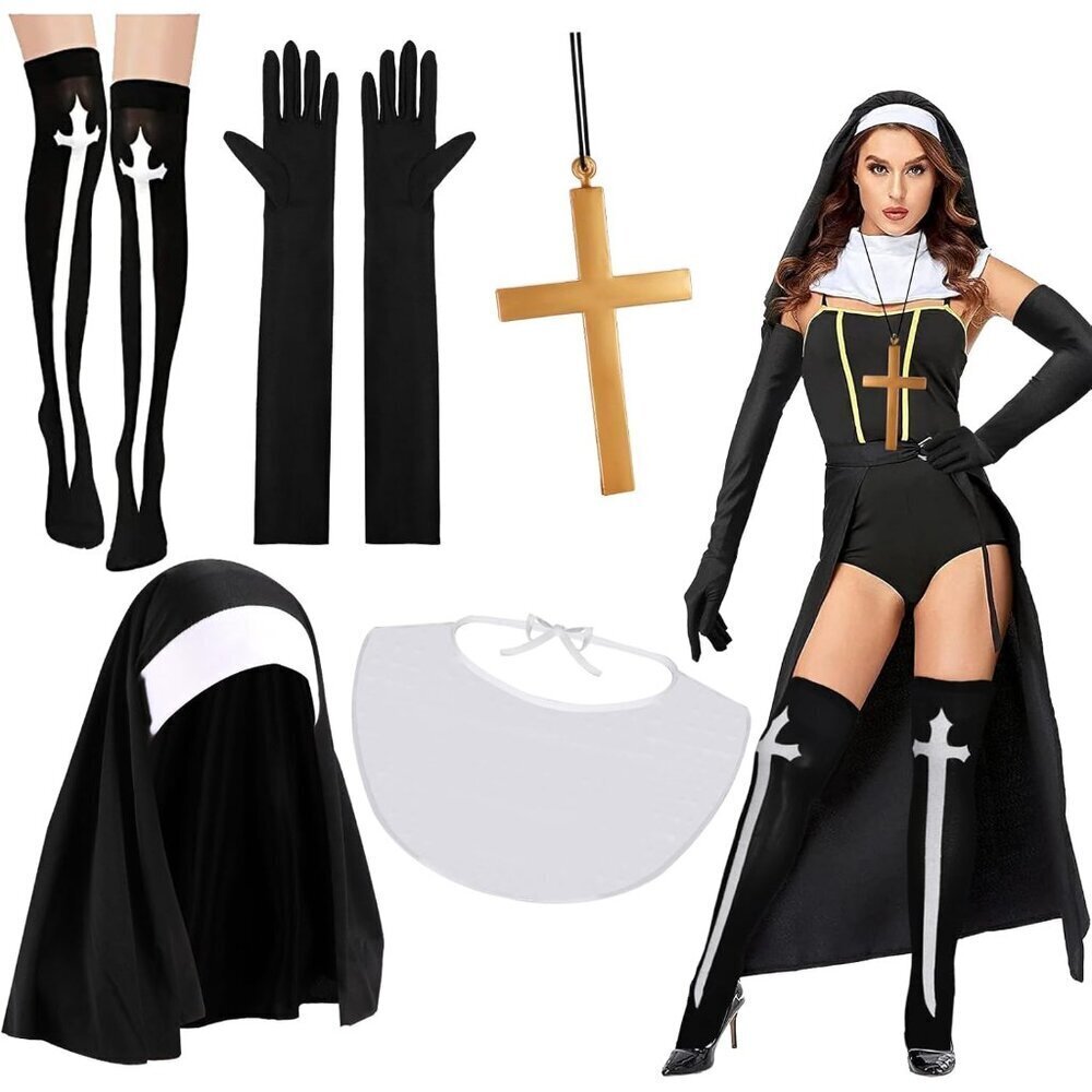 Nun Costume Accessories Set Women Black White Cross Gloves Socks Halloween